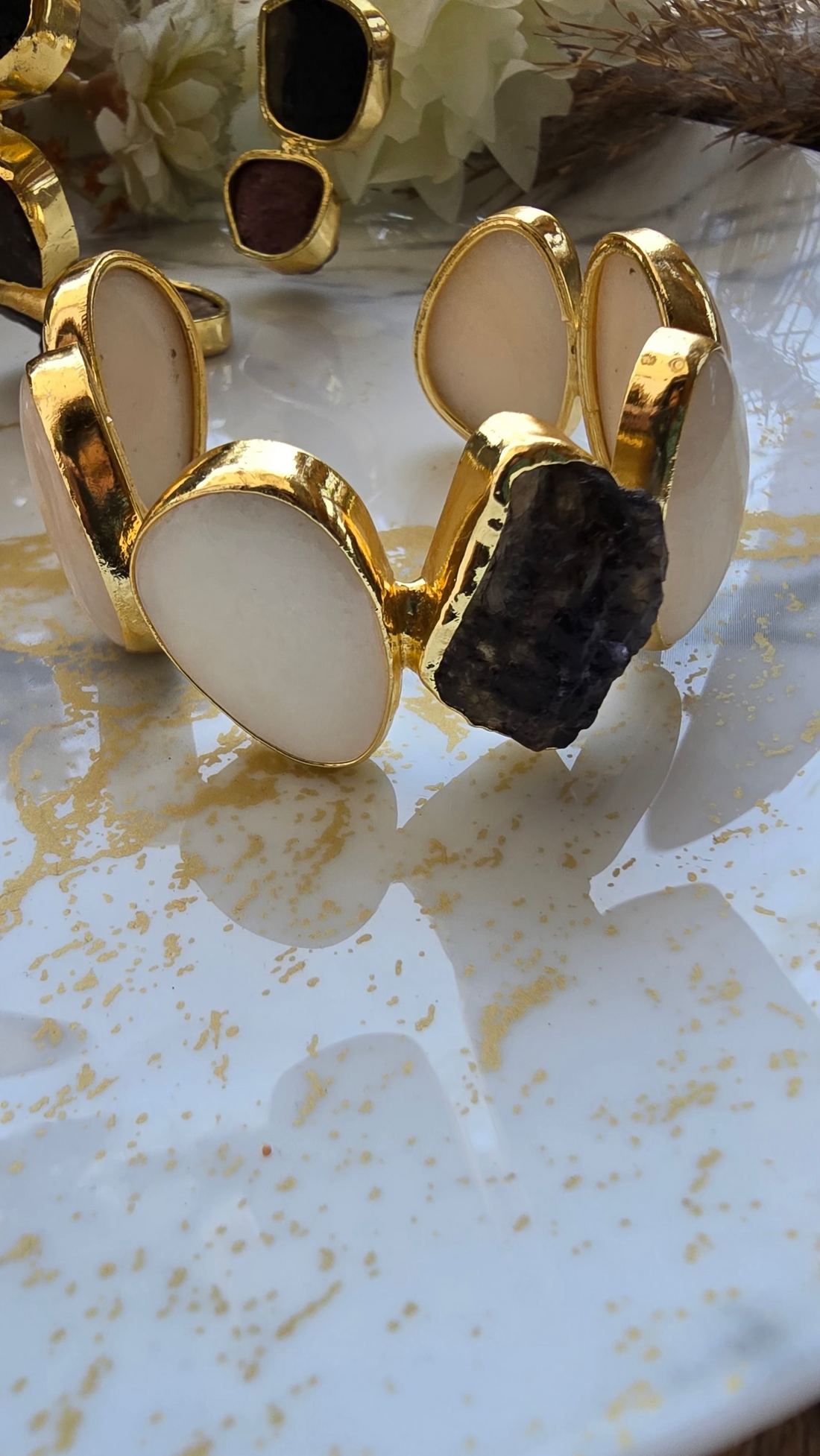 The Monochrome Muse: Raw Black Tourmaline & Moonstone-Finish Statement Cuff