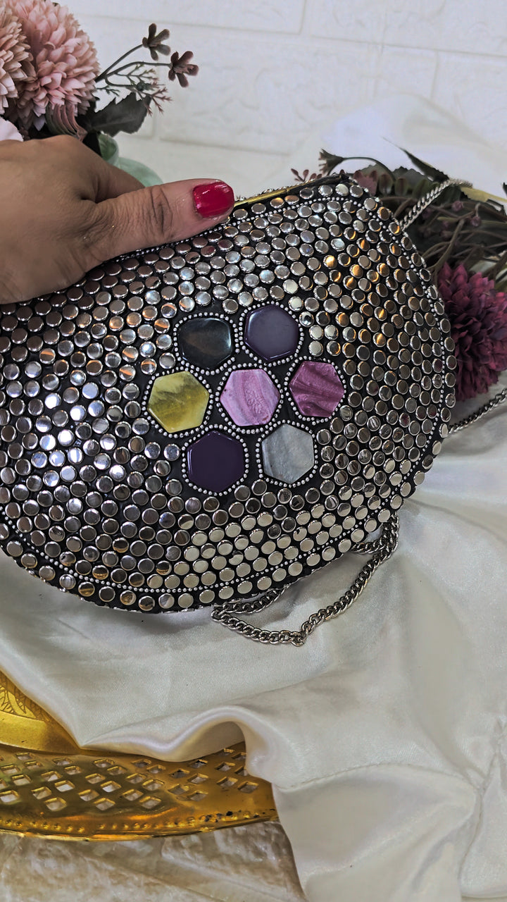 Artisanal Multi-Color Geometric Stone & Studded Clutch with Chain Strap – [Medium]