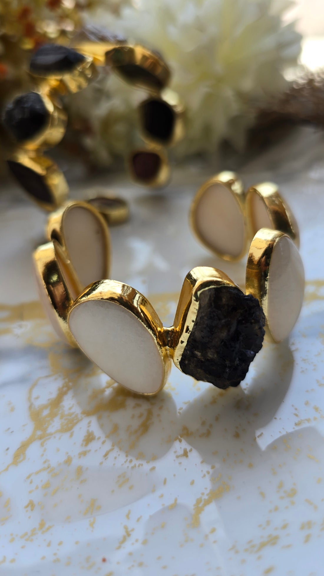 The Monochrome Muse: Raw Black Tourmaline & Moonstone-Finish Statement Cuff