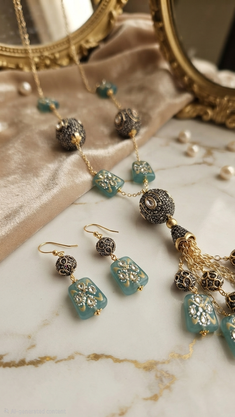 Long Bohemian Aqua Blue Bead Dori Necklace with Earrings