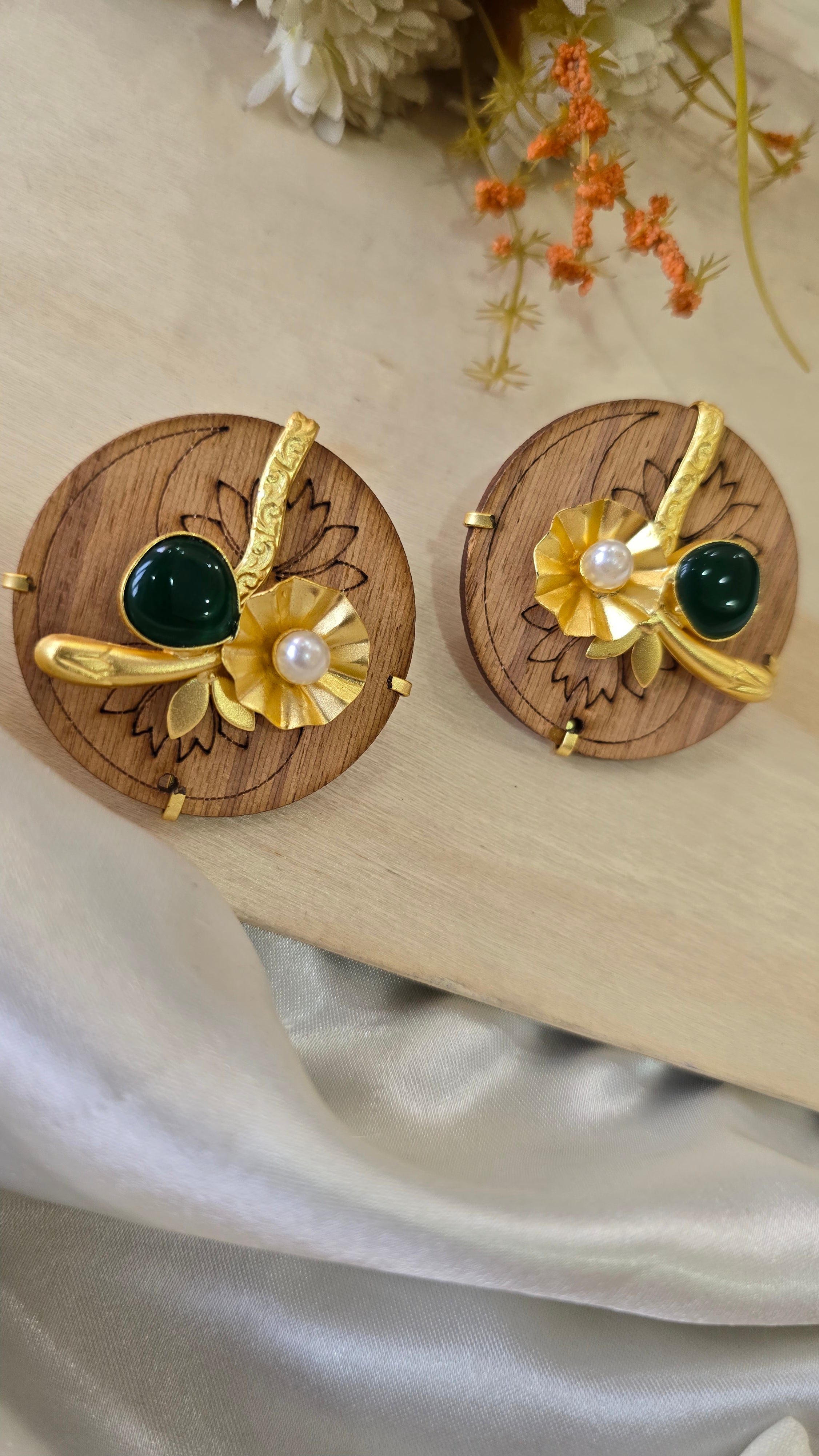Handcrafted Wooden Stud Earrings with Gold Floral Accent, Pearl, and Emerald Green Cabochon