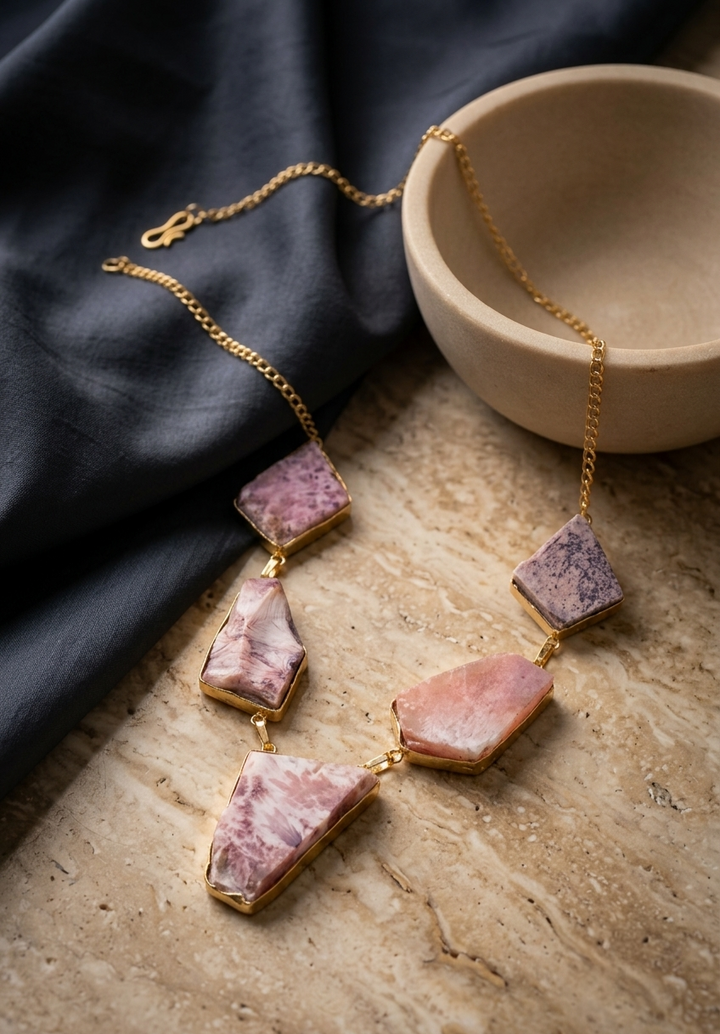 Natural Pink Rhodochrosite Slab Collar Necklace – Gold Dipped Gemstone Jewelry